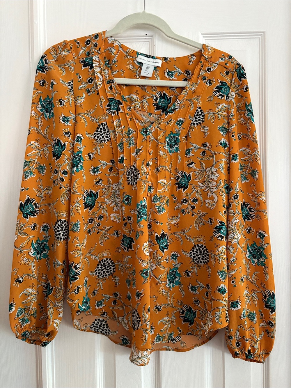 Cupcakes and Cashmere mustard yellow Floral Fall Boho Long-Sleeve Blouse top